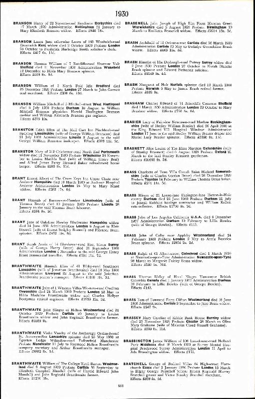 Brasnett (Alice Louisa nee Rippington) 1930 Probate Record